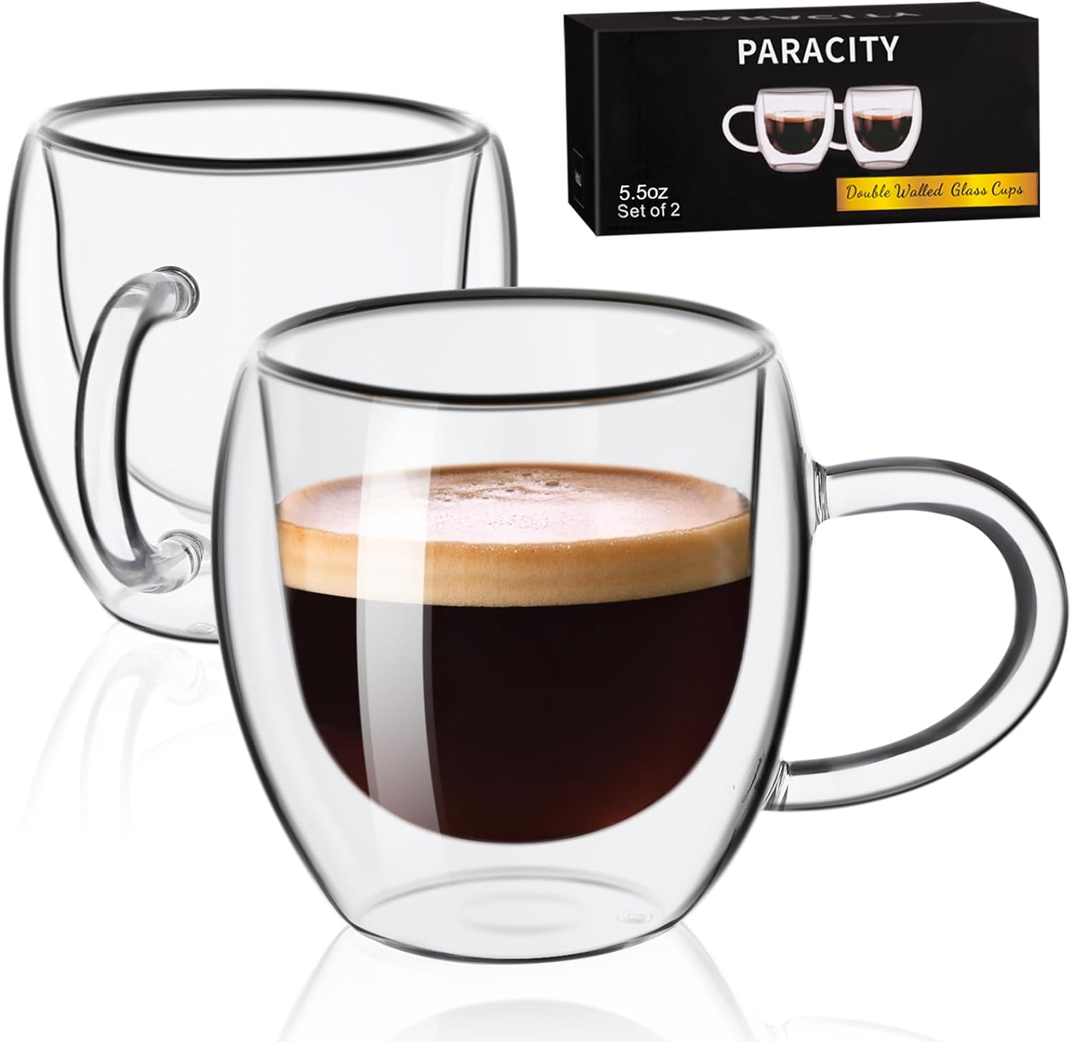 PARACITY Espresso Cups Set Of 2, Double Wall Insulated Glass Coffee Mugs 5.5 OZ, Cappuccino Cups with Handle, Clear Glass Coffee Cups Travel Camping for Cappuccino/Latte/Tea/Shots  (5.5OZ)