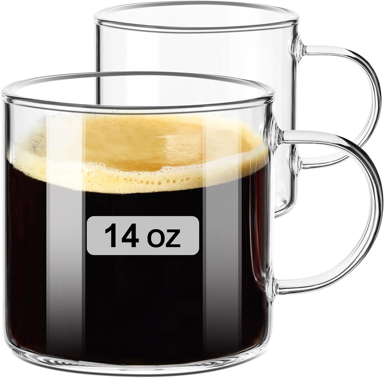 PARACITY Clear Coffee mug 14oz, Glass Coffee Mugs Set of 2, Large Glass Coffee Cups with Handle, Glass Tea cups for Hot/Cold Drink, Latte, Cappuccino, Tea, Juice and Beer