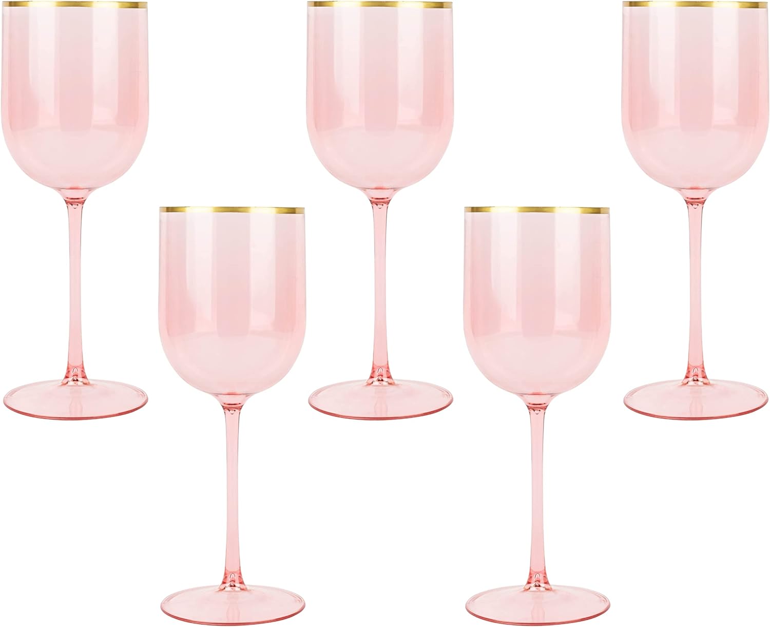 PLASTICPRO Pink Wine Cup with Gold rim Plastic Wine Glasses Set of 5 Elegant Wine Goblets Hard Plastic Wine Cups on Stem 12 Ounce