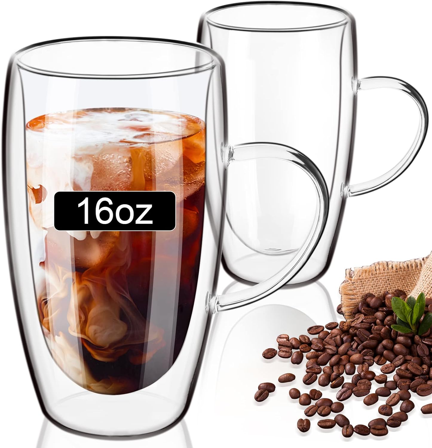 PARACITY Double Wall Glass Coffee Mugs 16oz with Handle, Coffee Cups Set of 2, Clear Borosilicate Glass Coffee Mugs, Perfect for Cappuccino, Latte, Espresso, Hot Beverage, Tea