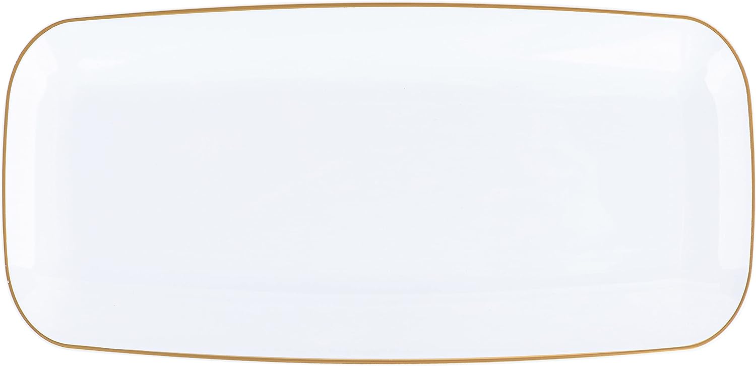 Plasticpro Plastic Serving Trays - Serving Platters Disposable Party Dish White and Gold Rim Pack of 2 10'' Serving Trays