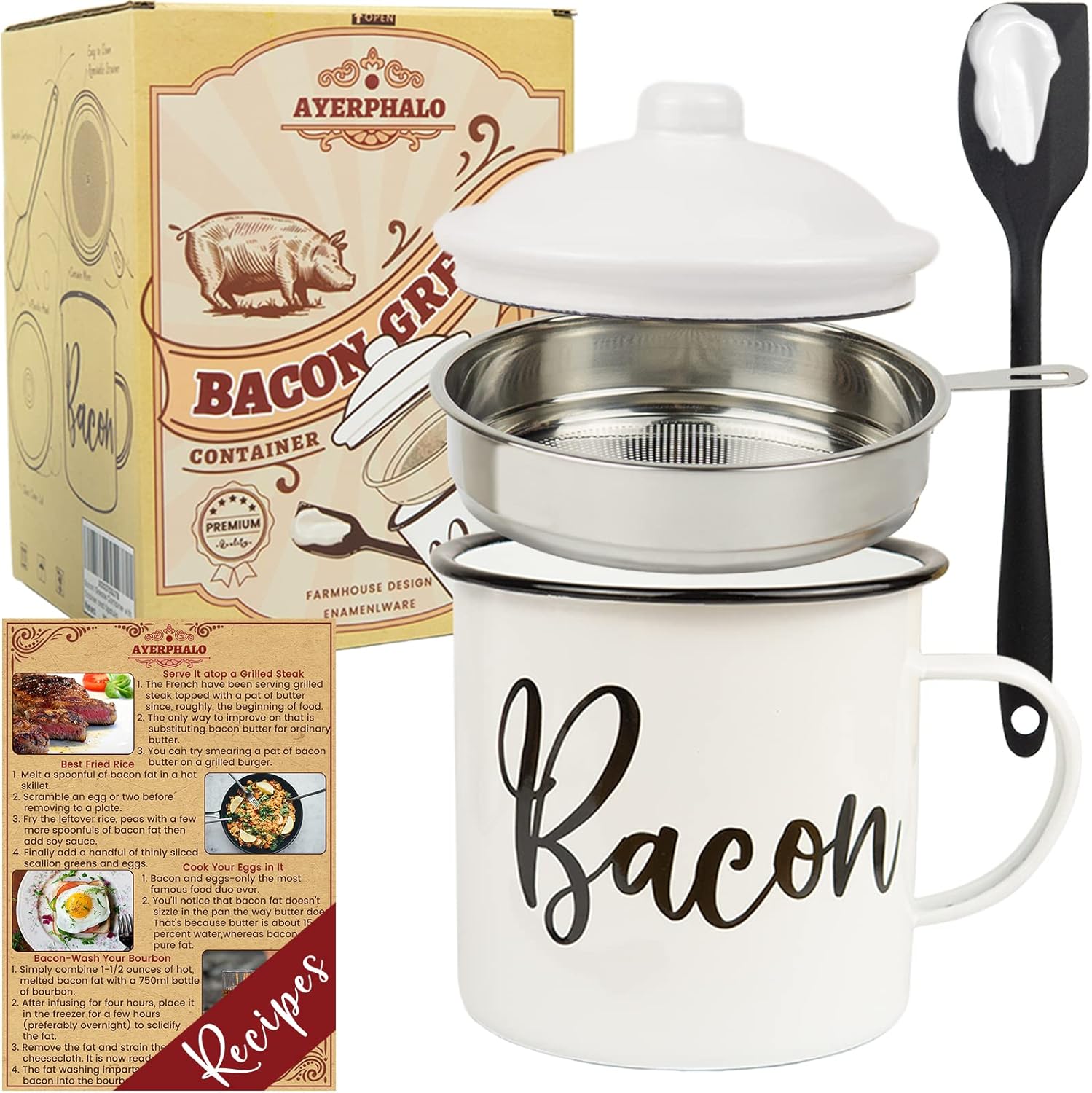 Bacon Grease Container with Strainer - With Food-Grade Silicone Spatula , 46oz Large Enamel Rustic Farmhouse Fat Container , Keeper , Recipes , Dishwasher Safe