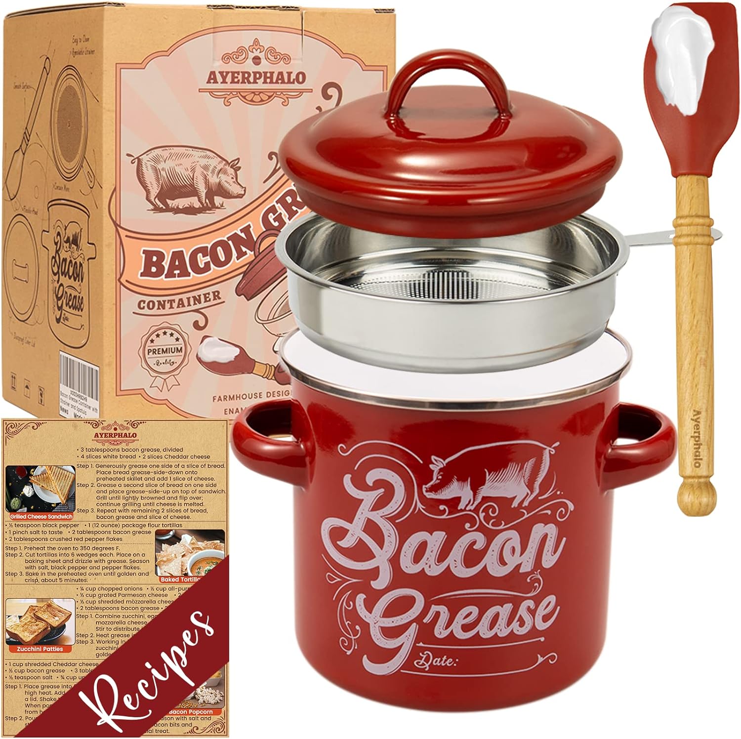 Bacon Grease Container with Strainer - 46OZ Large Capacity, With Silicone Wooden Spatula, Enamel Bacon Grease Keeper for Bacon Drippings, Farmhouse Red Kitchen Decor, Dishwasher Safe