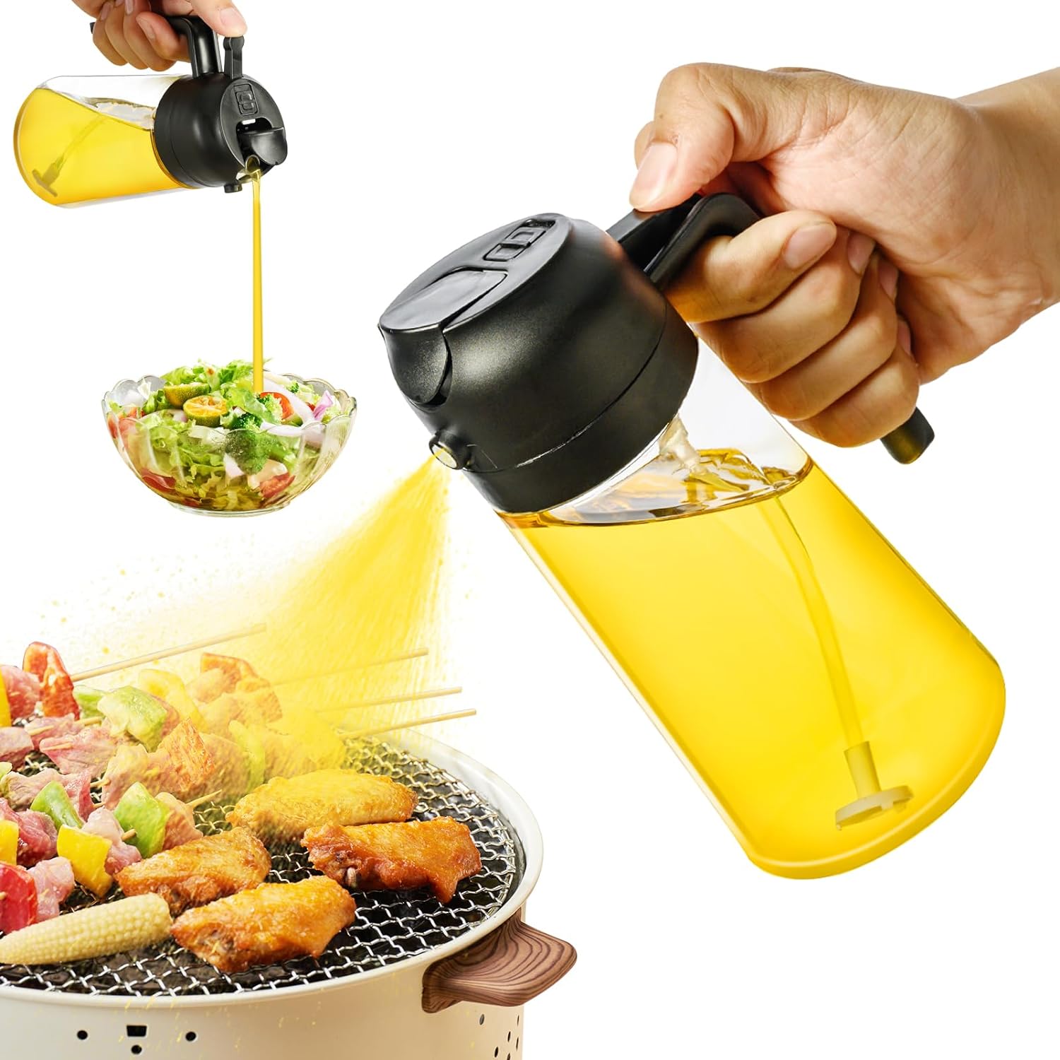 PARACITY Oil Dispenser Bottle for Kitchen, 2 in 1 Olive Oil Sprayer and Oil Dispenser, Oil Spray Bottle 500ML/ 17OZ for Cooking, Kitchen, BBQ, Air Fryer, Salad, Baking(1pcs Black)