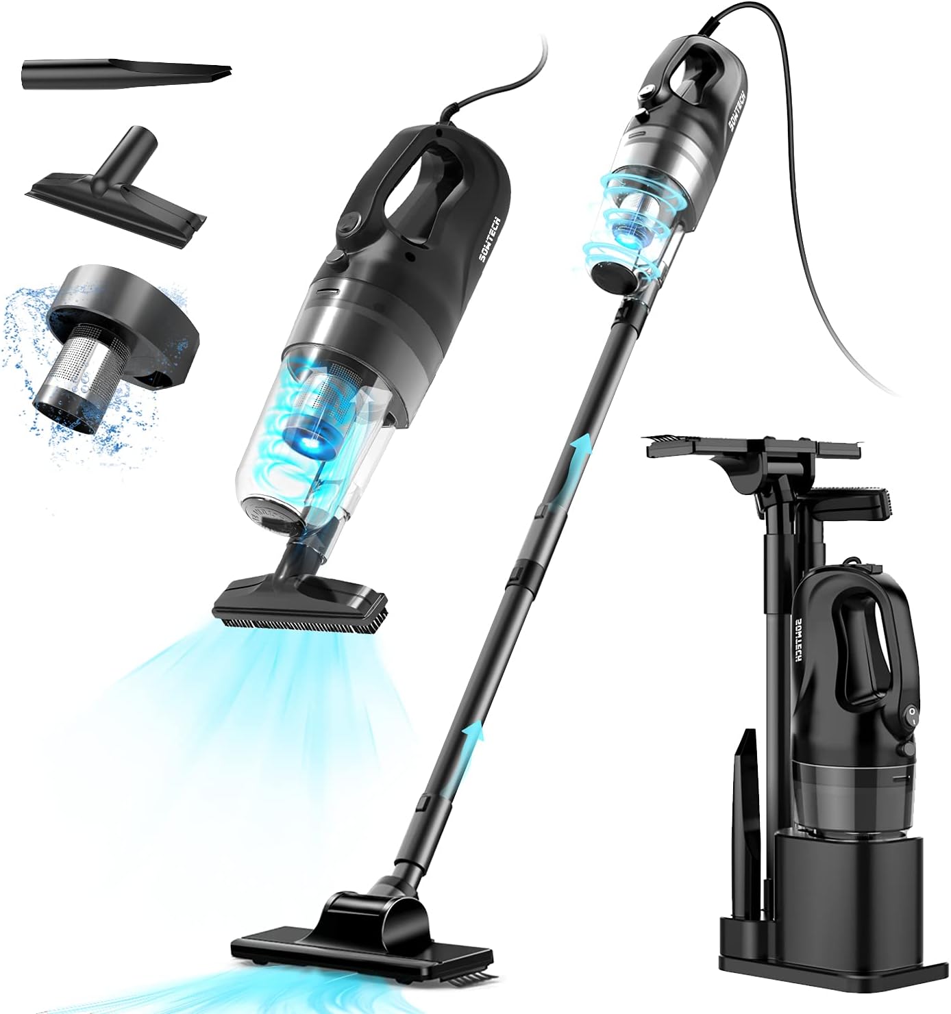 SOWTECH Stick Vacuum Cleaner, Multifunctional 6 in 1 Vaccum Cyclonic Suction System, 17000Pa Powerful Suction with 32Ft Cord, Handheld Corded Stick Vacuum for Home, Hard Floor, Pet Hair, Black