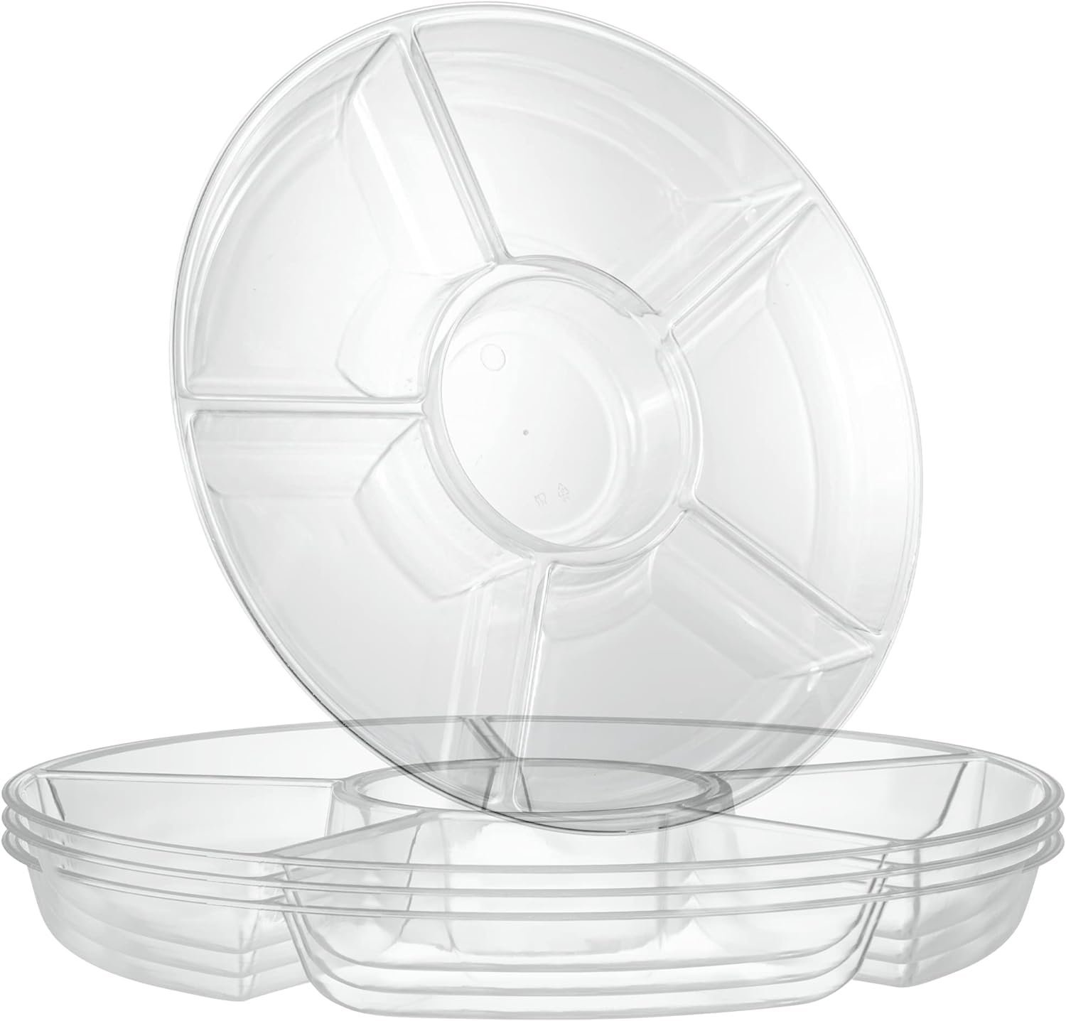 PLASTICPRO 6 Sectional Round Plastic Serving Tray/Platters Clear Pack of 2
