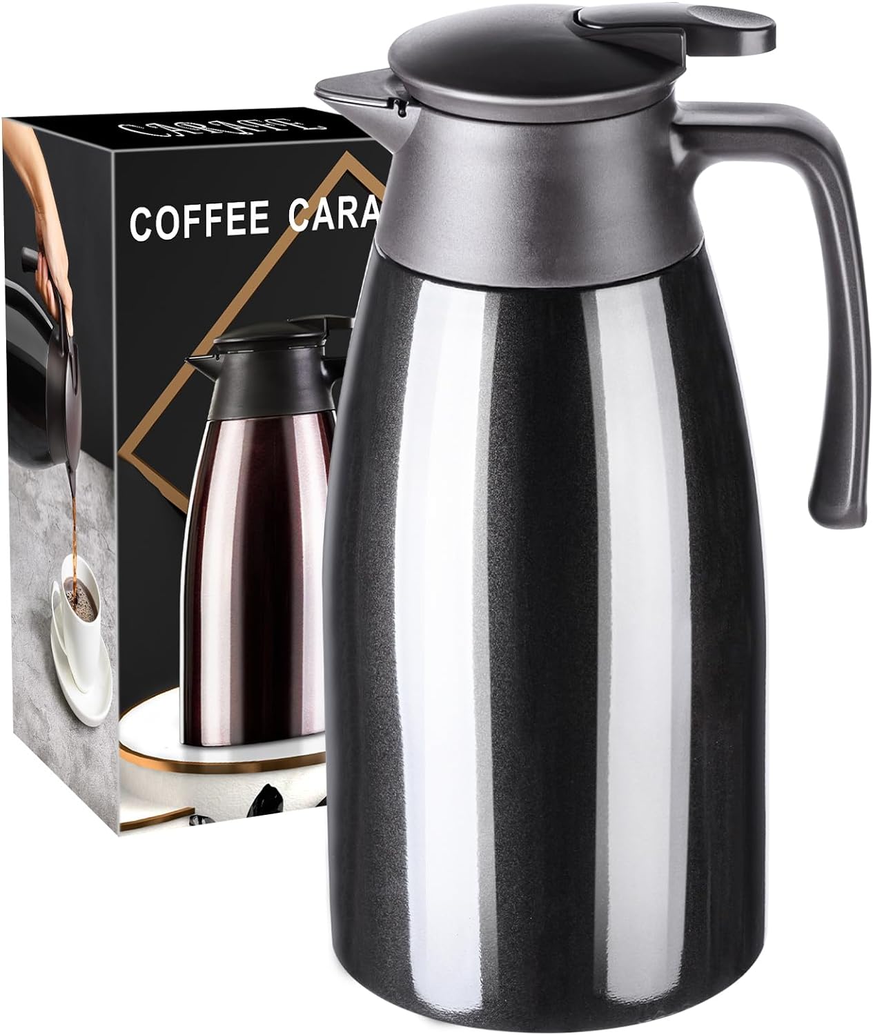 PARACITY 68oz Thermal Coffee Carafe with Ceramic Liner, Vacuum Insulated Coffee Thermos Stainless Steel, Coffee Carafes for Keeping Hot Coffee& Tea for 12 Hours/ 24 Hour Cold(Black)