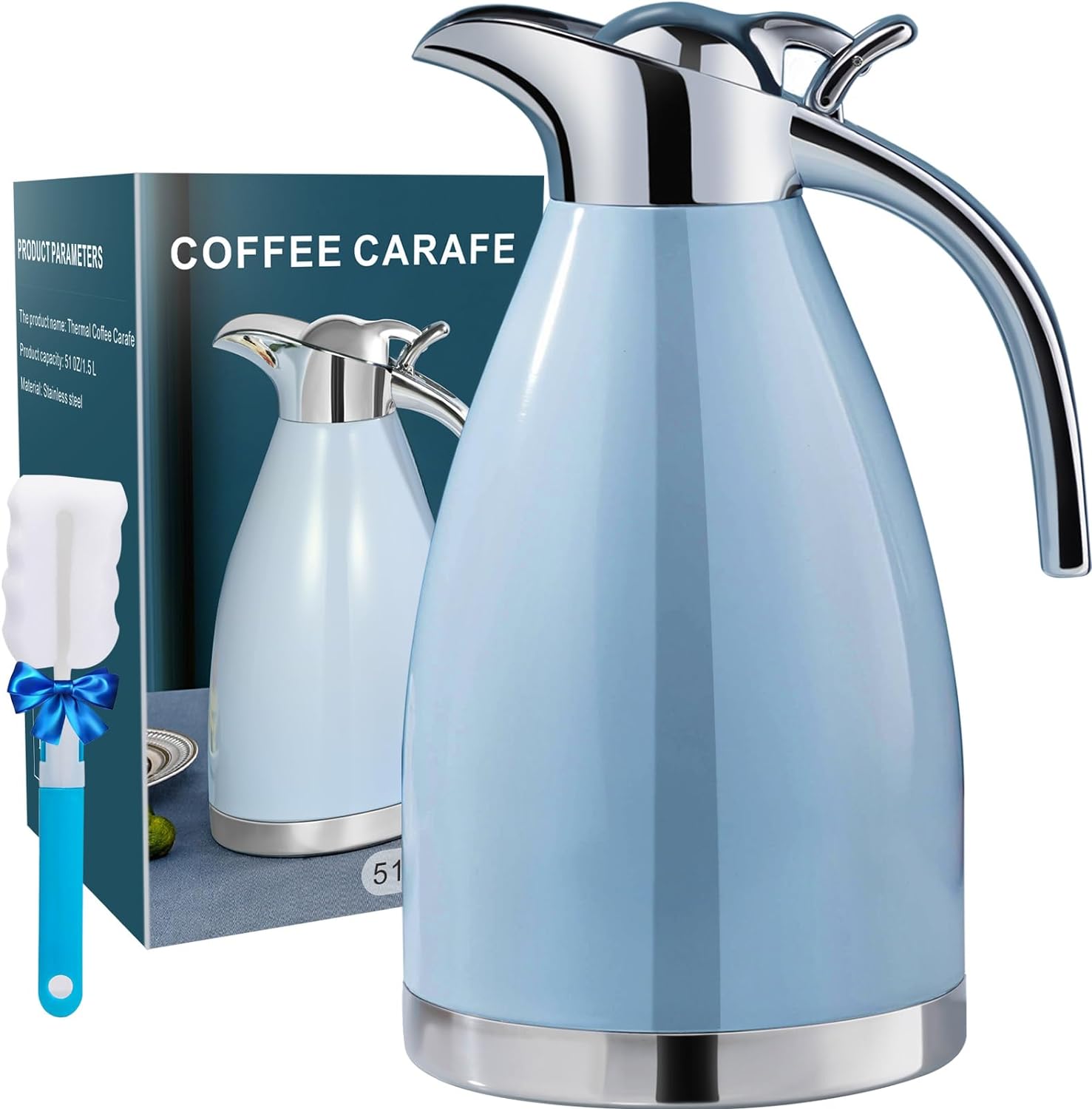 PARACITY Thermal Coffee Carafe, 18/8 Stainless Steel Thermos for Hot Drinks, Double Wall Vacuum Insulated Coffee Thermos, 51 OZ Coffee Carafes for Keeping Hot Coffee& Tea with Cleaner Brush (Blue)