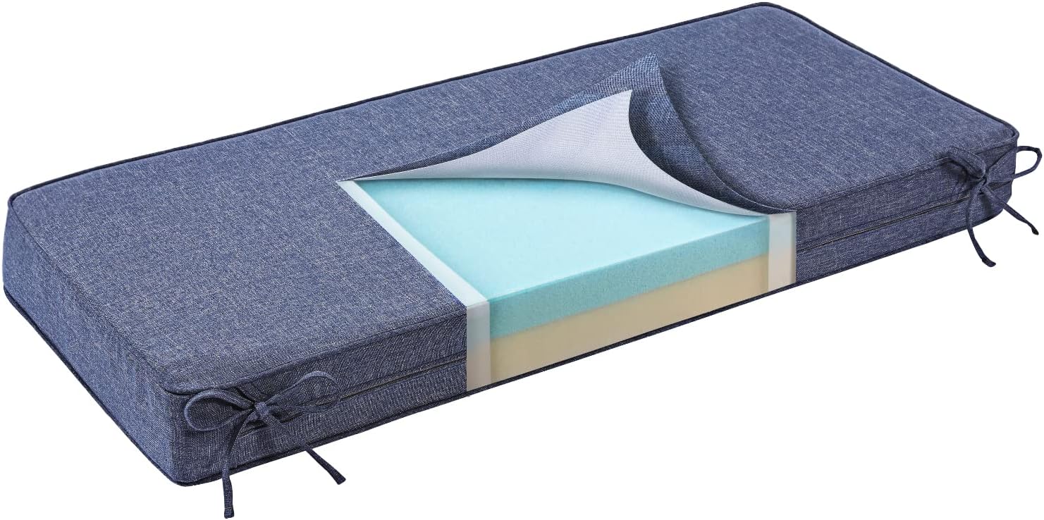 SUNROX Gel Memory Foam Bench Cushion with Ties, Ultra Durable Water Resistant FadeShield Outdoor/Indoor Universal Bench Seat Pads 45 x 16 x 4 inch, Heather Indigo