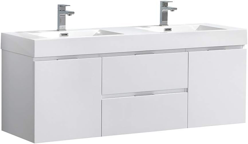 Fresca Valencia 60 Glossy White Wall Hung Double Sink Modern Bathroom Vanity