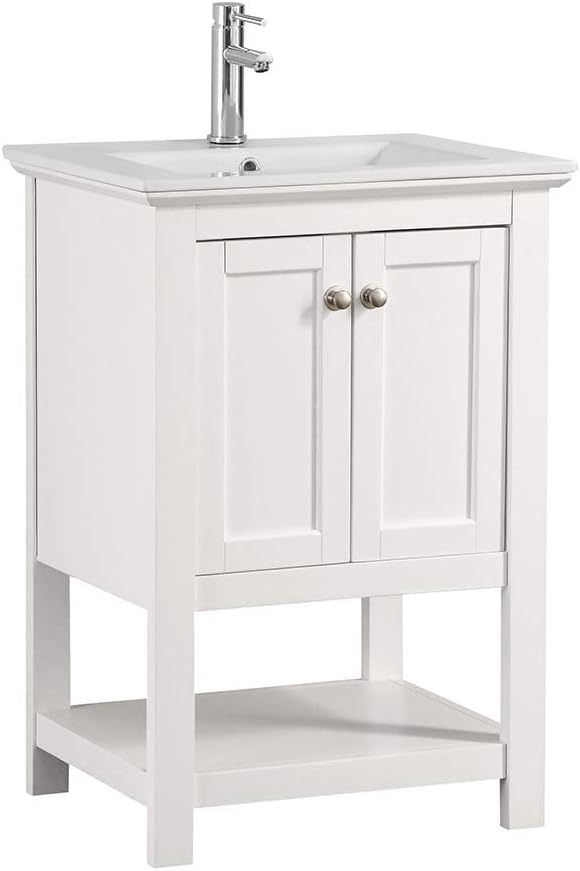 Fresca Manchester 24 Inch White Bathroom Open Vanity with Storage Shelf - Countertop & Ceramic Sink with Cabinets - Faucet Not Included