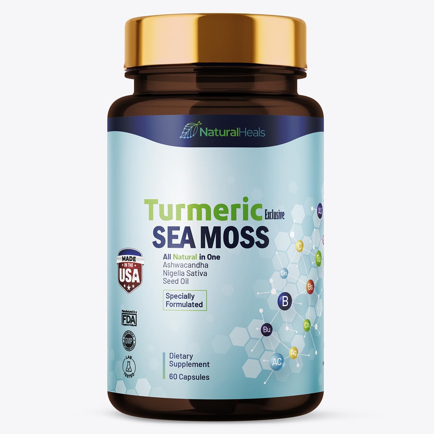 Sea Moss 3000mg: Black Seed Oil 2000mg Ashwagandha 1000mg Turmeric 1000mg Bladderwrack 1000mg Burdock 1000mg - 60 Capsules Made in USA