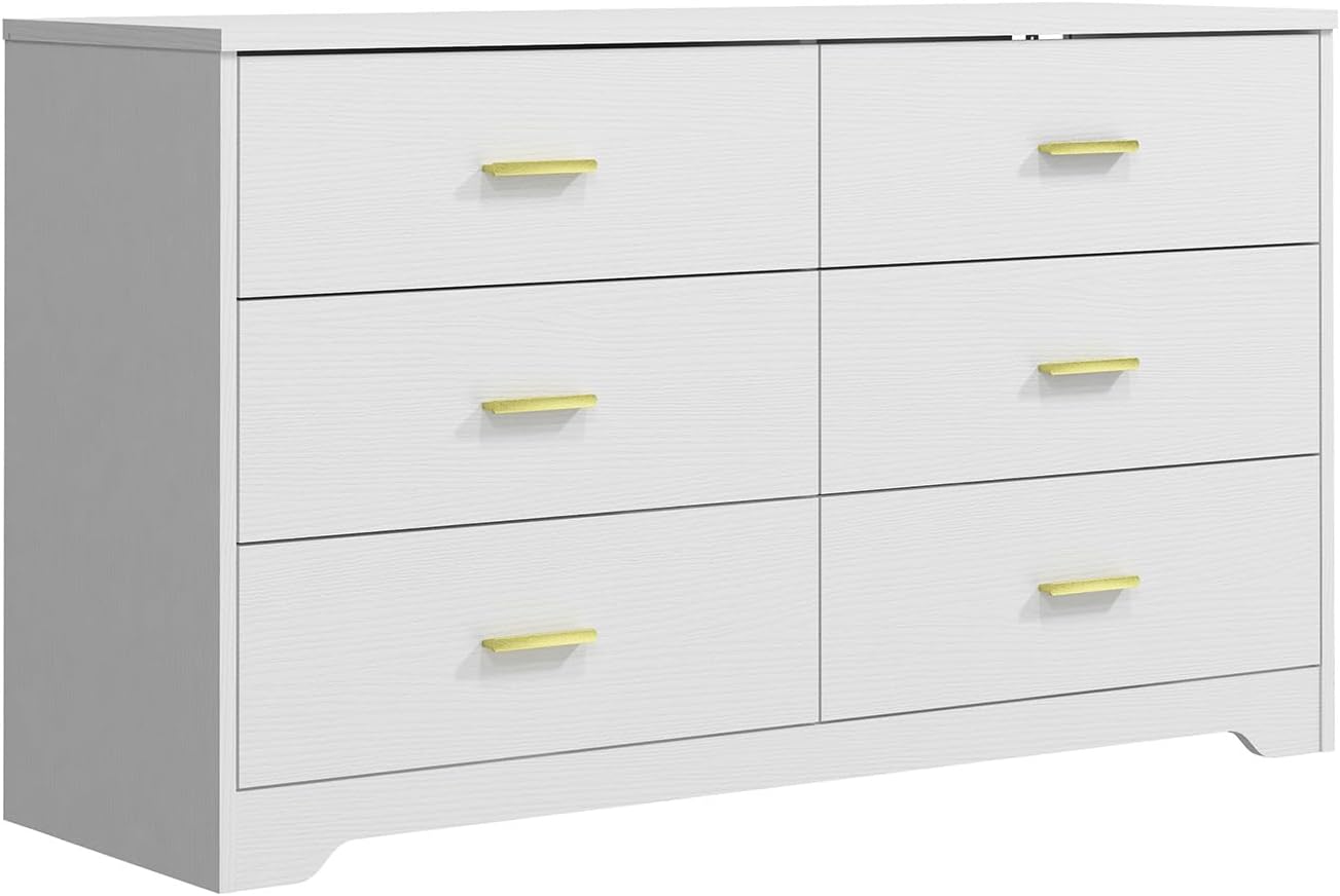 Modern 6 Drawer Wood Dresser, Wood Lateral Chest of Drawers Storage Organizer with Wide Drawers & Metal Gold Handles for Bedroom, Living Room, Hallway, Entryway