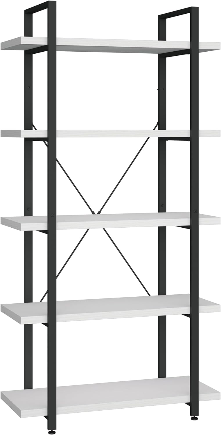 Panana 5 Tier Industrial Rustic Wooden Bookshelves, Vintage Open Wood and Metal Farmhouse Bookshelf Heavy Duty Storage Shelving Unit Rack (White)