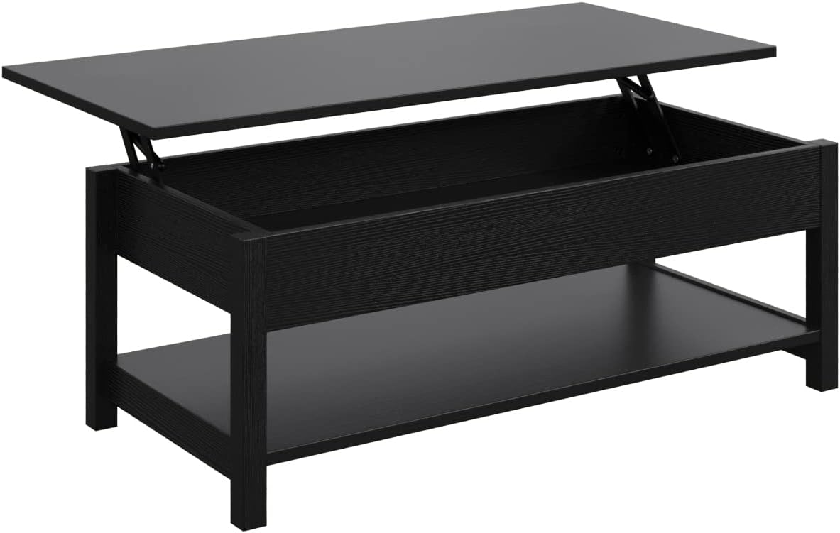 Panana Lift Top Coffee Table with Hidden Compartment & Open Storage Shelf, Lift Tabletop Farmhouse Table Pop Up Table for Living Room,Home Office Reception, 45.28 L x 21.16 W x 16.14 H (Black)