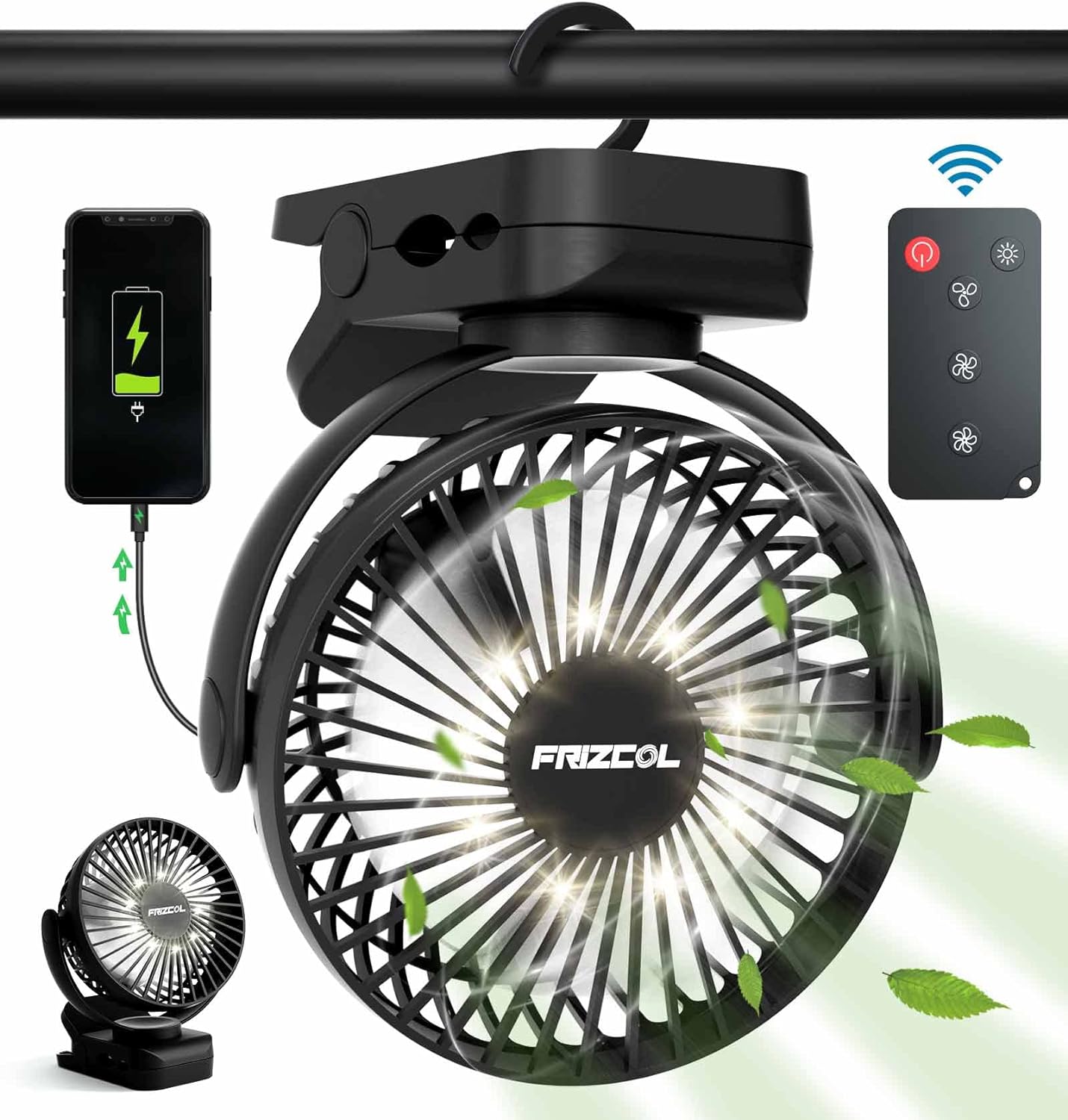 Portable Clip on Fan 65 Working Hours, Camping Fan with LED Lights & Hook, 12000 Capacity Battery Operated Fan with Clamp, USB Rechargeable for Desk, Tent, Treadmill, Stroller, Golf Cart, Home