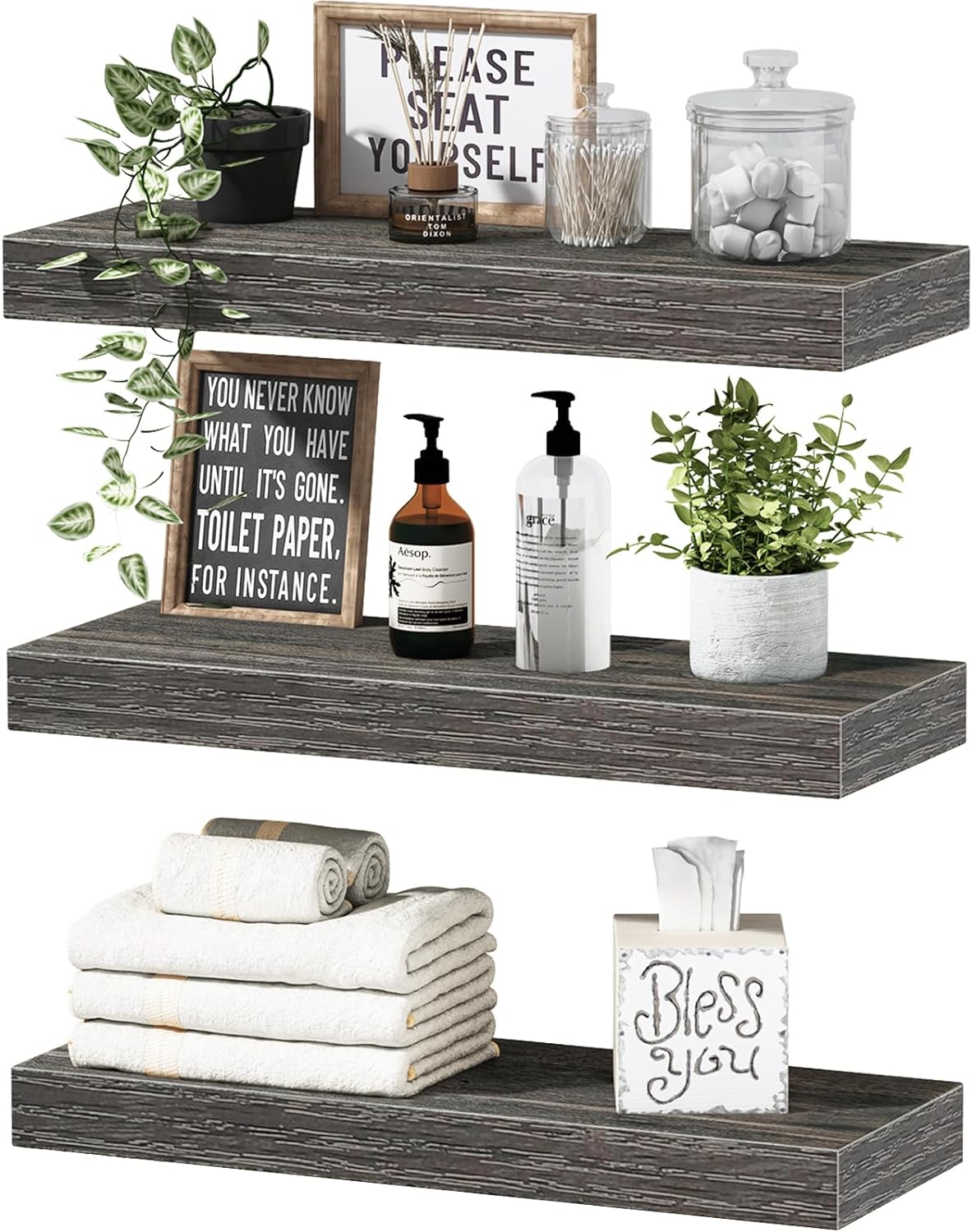 QEEIG Grey Floating Shelves for Wall Bathroom Shelf Bedroom Kitchen Rustic Small Book Shelf Set of 3 (015-GY3)