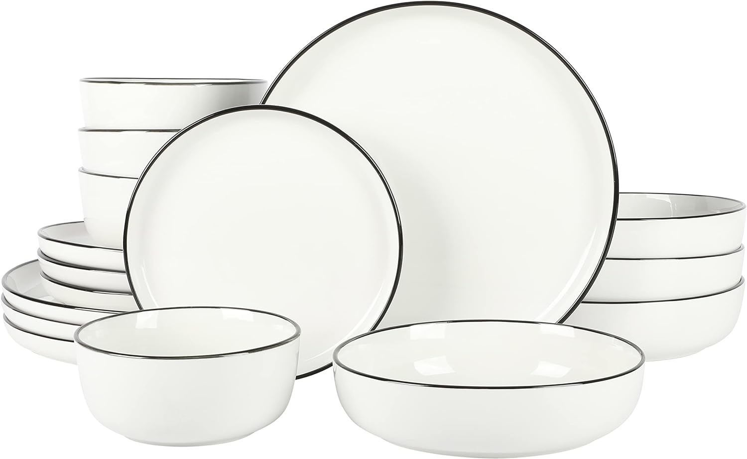 Gibson Home Oslo 16 Piece Porcelain Dinnerware Set, White w/Black Rim, Service for 4 (16pcs)