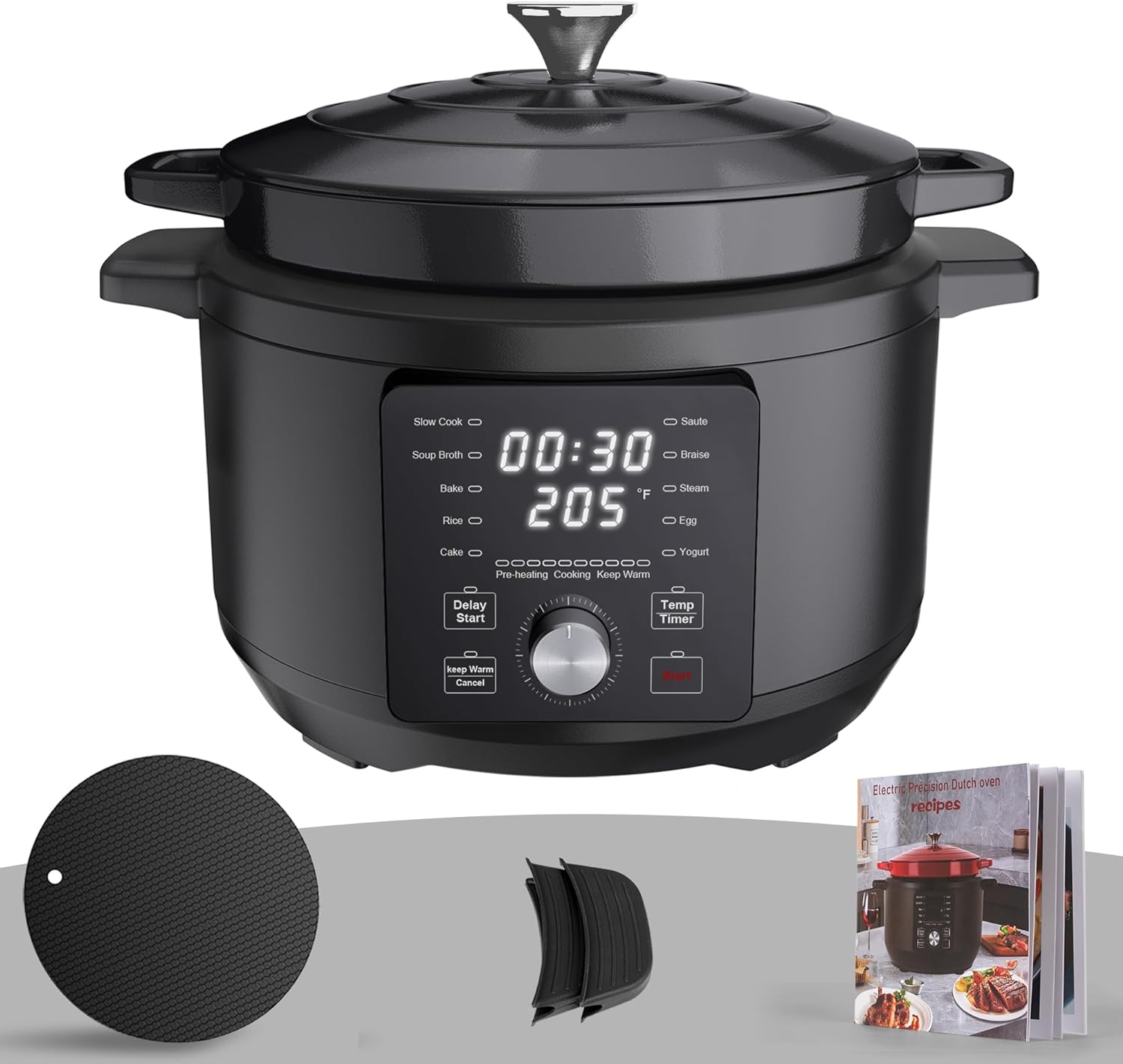 6-Quart Enameled Cast Iron Dutch Oven, 1500W Large Electric Cooking Pot, 10-in-1 - Slow Cook, Saute, Soup Broth, Braise, Bake, Steam, Rice, Egg, Cake, Yogurt (Cookbook Included) - Black