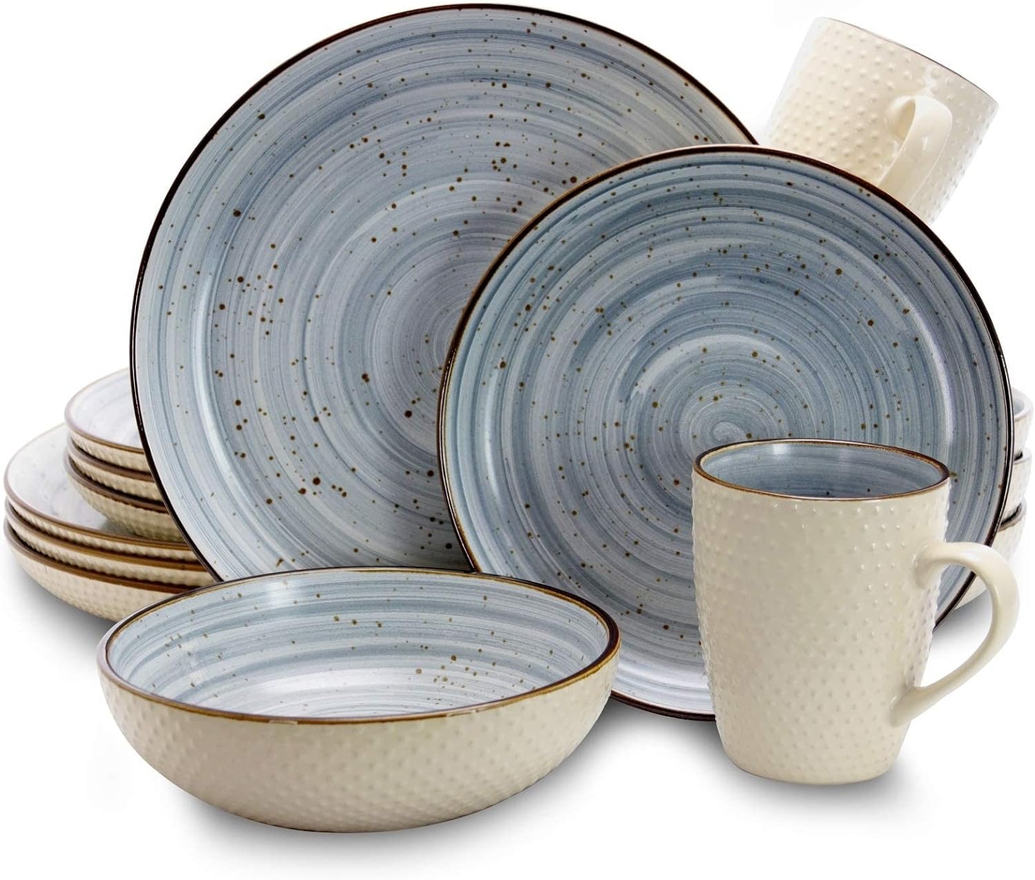 Elama Round Stoneware Luxurious Mellow Dinnerware Dish Set, 16 Piece, Speckle Powder Blue and White