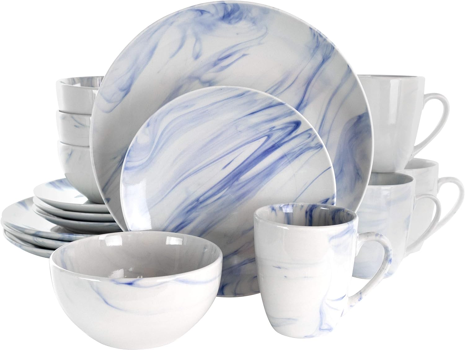 Elama Fine Round Gloss Dinnerware Dish Set, 16 Piece, Blue and White Marble