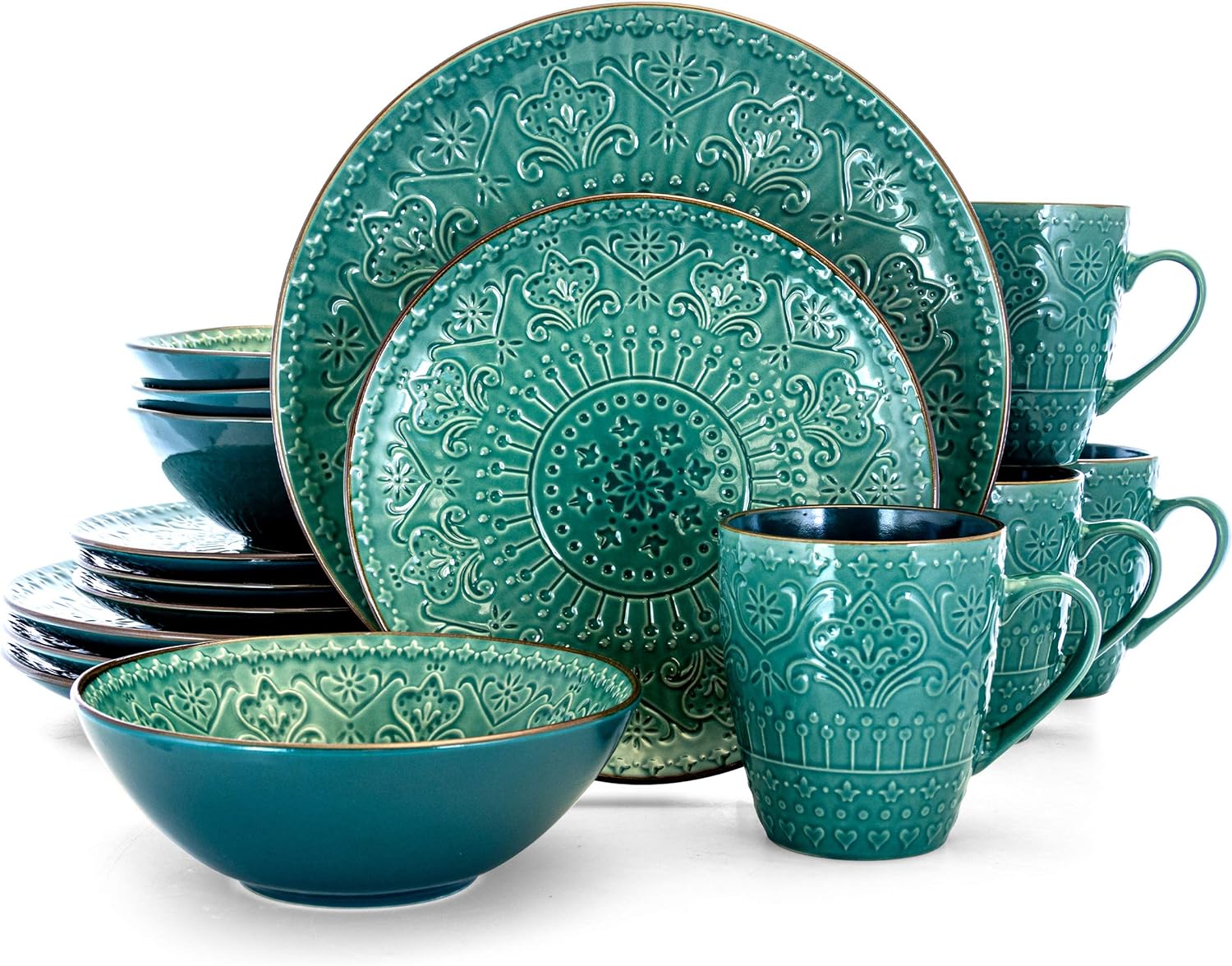 Elama Round Stoneware Embossed Dinnerware Dish Set, 16 Piece, Ocean Teal and Green