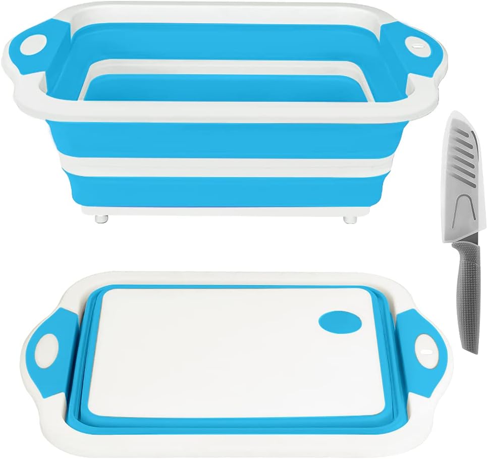 Collapsible Cutting Board, Foldable Chopping Board with Colander, Multifunctional Kitchen Vegetable Washing Basket Silicone Dish Tub for BBQ Prep/Picnic/Camping(Sky Blue)