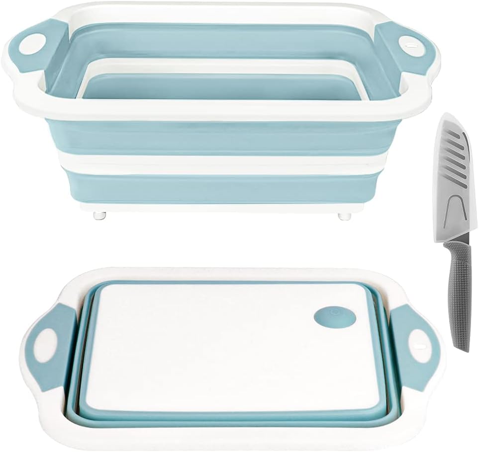 Collapsible Cutting Board, Foldable Chopping Board with Colander, Multifunctional Kitchen Vegetable Washing Basket Silicone Dish Tub for BBQ Prep/Picnic/Camping(Light Blue)