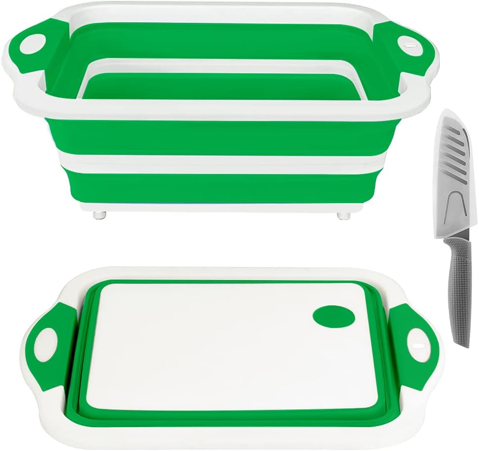 Collapsible Cutting Board, Foldable Chopping Board with Colander, Multifunctional Kitchen Vegetable Washing Basket Silicone Dish Tub for BBQ Prep/Picnic/Camping(Green)