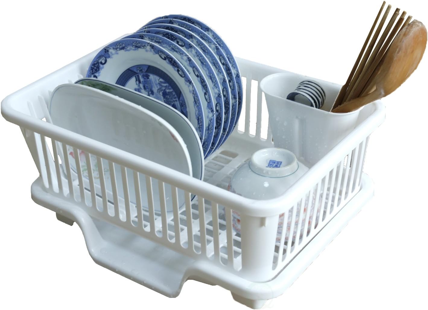 Plastic Dish Rack with Drain Board and Utensil Cup