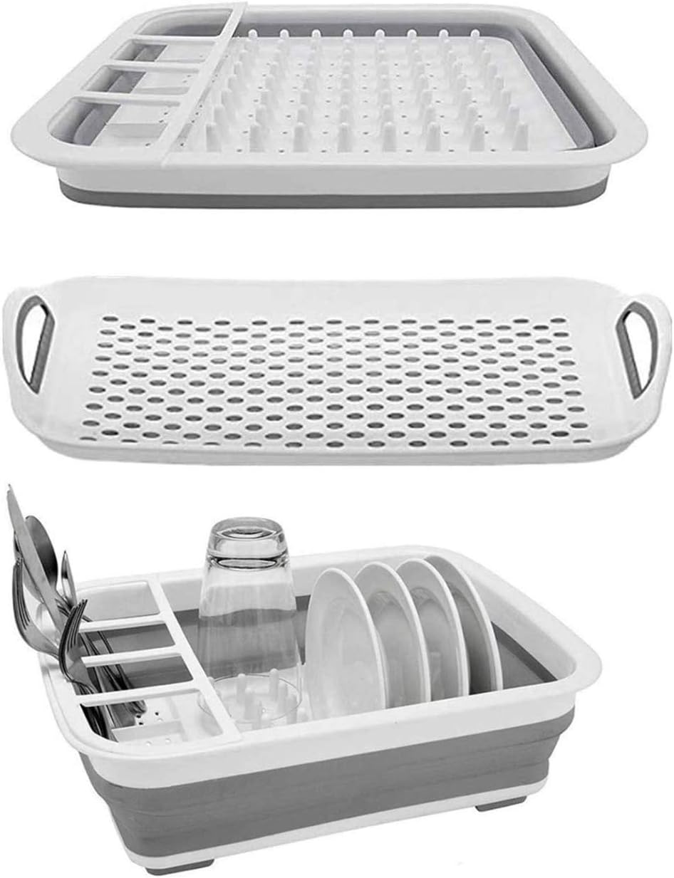 Ahyuan Collapsible Dish Drying Rack Portable Dinnerware Drainer Organizer for Kitchen RV Campers Travel Trailers Space Saving Kitchen Storage Rack Tray (with Drainboard)