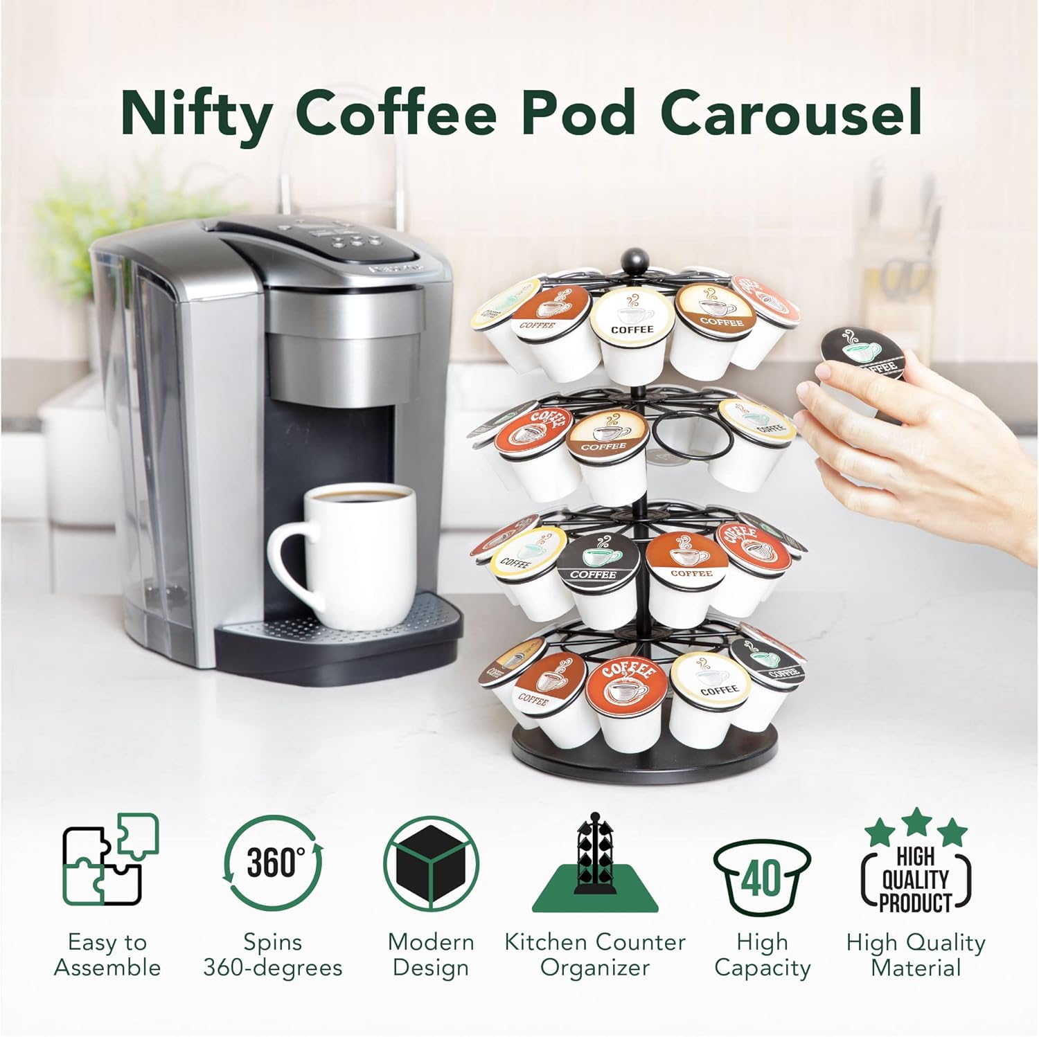 Nifty K Cup Holder  Compatible with K-Cups, KD Coffee Pod Carousel | 40 K Cup Holder, Spins 360-Degrees, Lazy Susan Platform, Modern Black Design, Home or Office Kitchen Counter Organizer