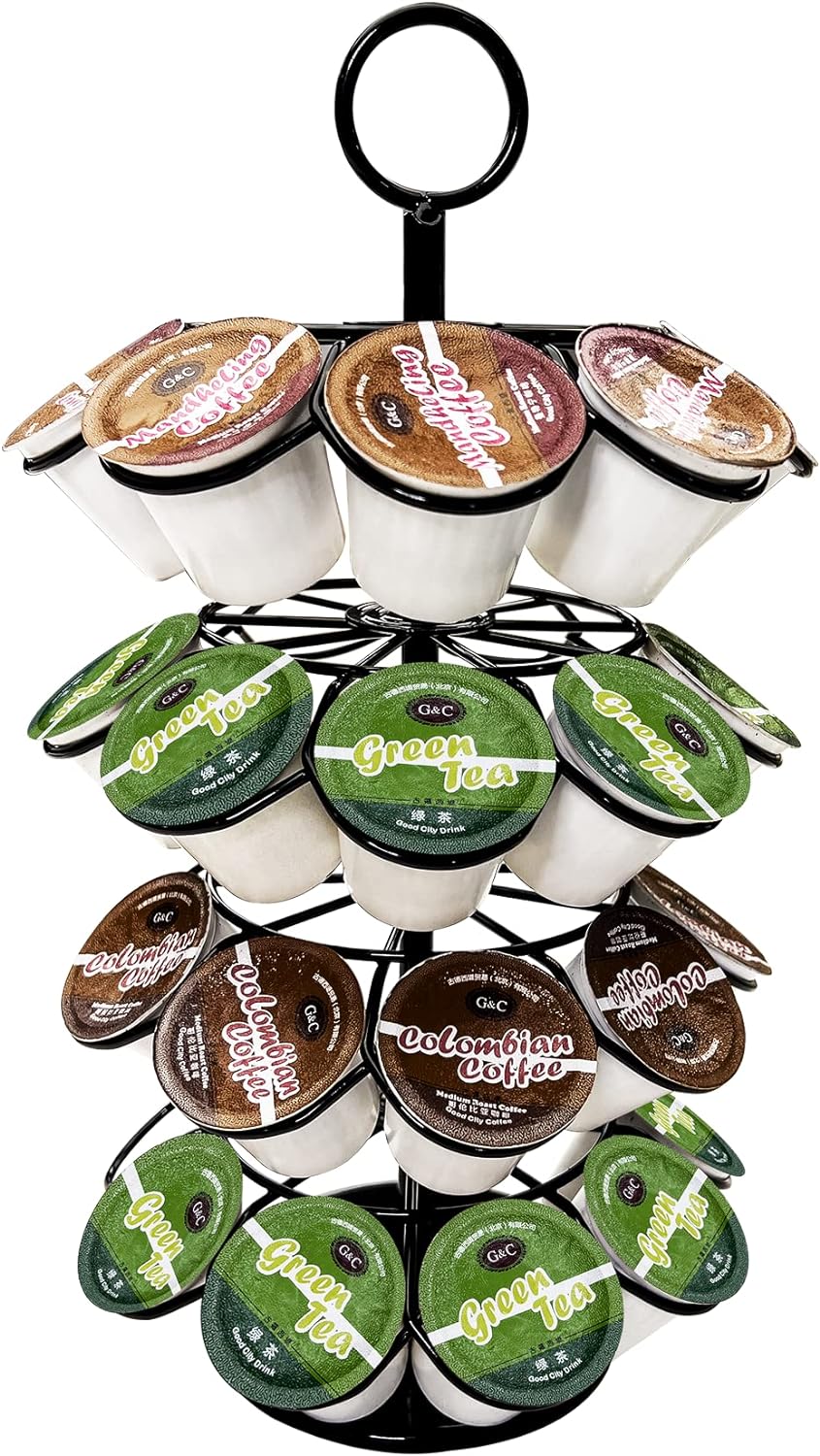 K-Cup Pod Carousel Holder and Organizer for 36 Pods - Spins 360 Degrees, Detachable, Modern Metal Design in Black for Home and Office Counters