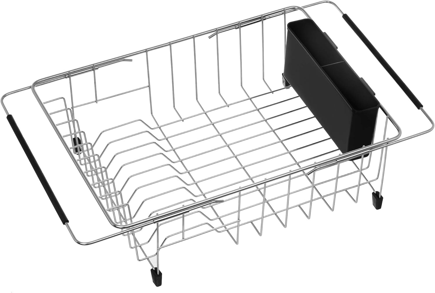 iPEGTOP Expandable Deep & Large Dish Drying Rack, Over The Sink, in Sink Or On Counter Dish Drainer Basket Shelf with Removable Black Utensil Silverware Holder, Rustproof Stainless Steel