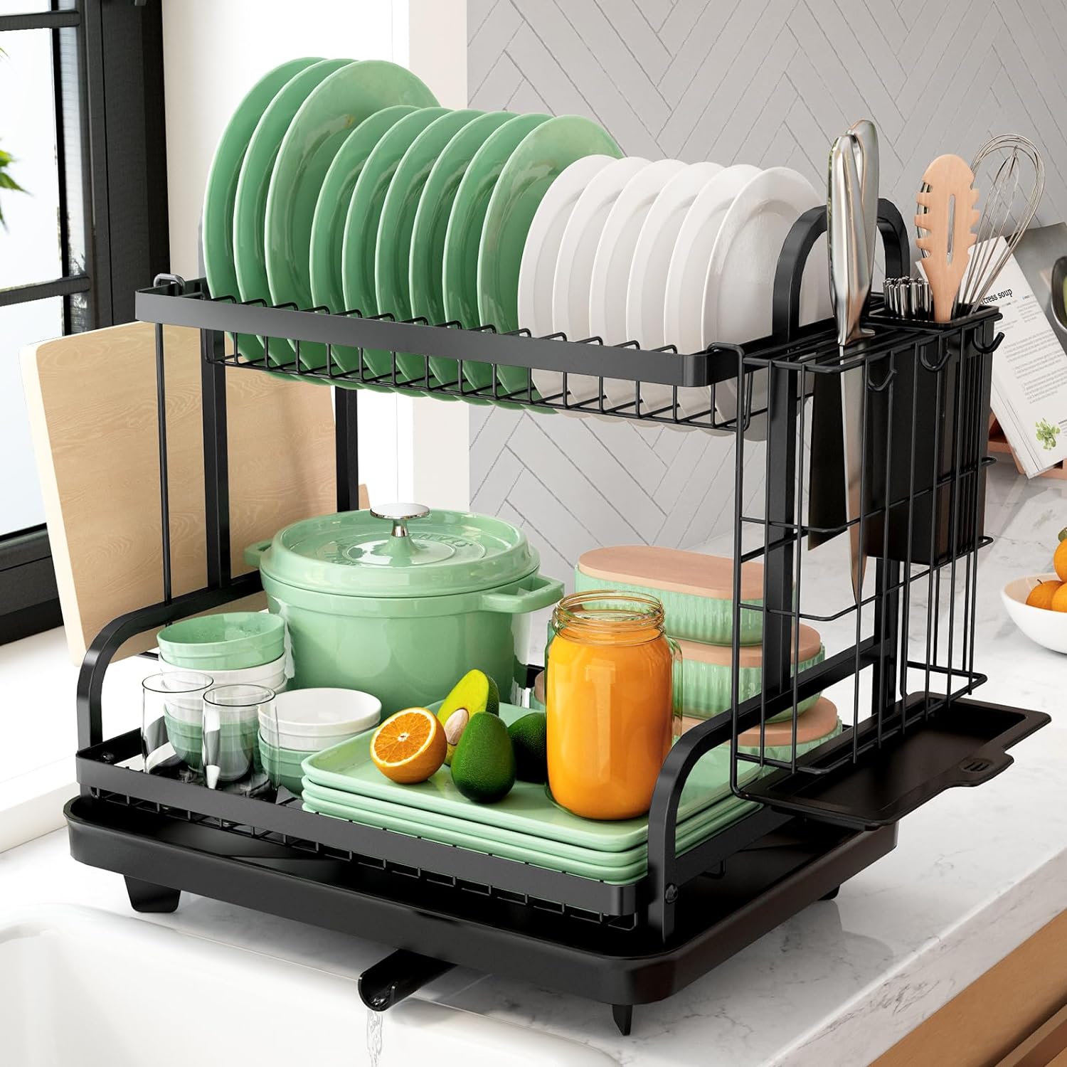 Kitsure Dish Drying Rack, Multifunctional Dish Rack, Rustproof Kitchen Dish Drying Rack with Drainboard, Space-Saving 2-Tier Dish Drying Rack for Kitchen Counter