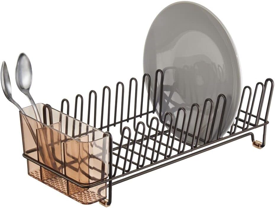 mDesign Steel Compact Modern Dish Drying Rack with Removable Cutlery Tray, Caddy - Dish Drainer, Dish Rack for Kitchen Counter, Sink - Holds Dishes, Utensil, Board - Concerto Collection - Bronze/Amber