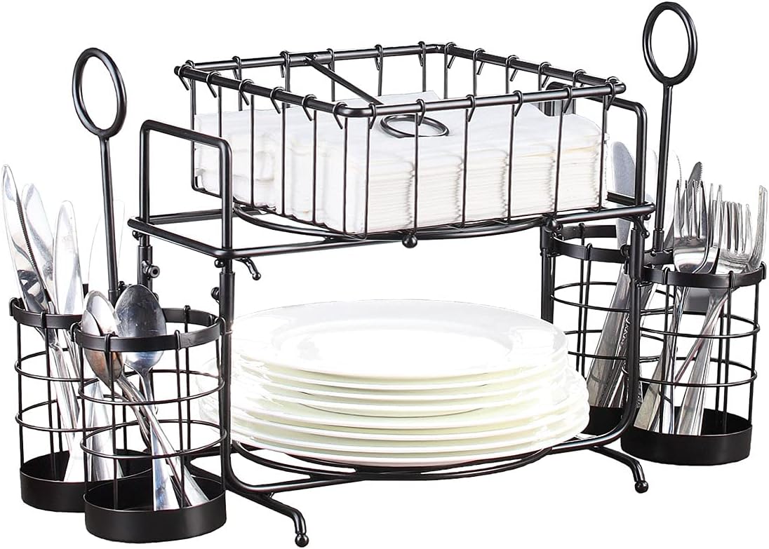 Loop & Wire Buffet Caddy Tabletop Organizer, Flatware Napkin and Plate Picnic Caddy Stackable Serving Set, Black