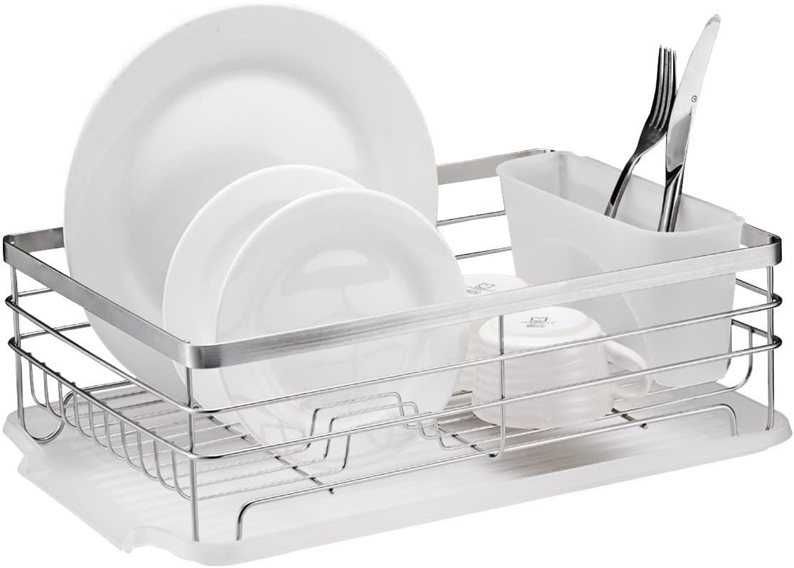 Stainless Steel Rustproof Dish Drying Rack with Cutlery Holder and Board