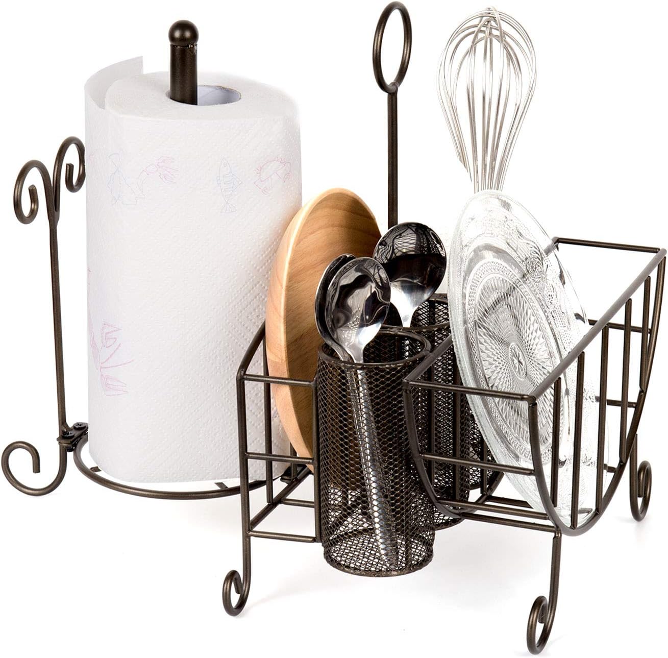 VANRA Metal Rack Flatware Caddy Buffet Caddy Organizer for Silverware, Plates, Utensils, Flatware, Napkins, Cutlery with Paper Towel Holder, Loop Handle