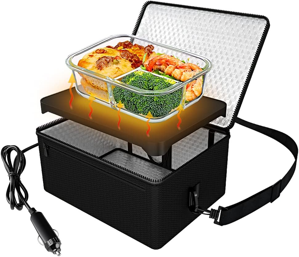 [90W Faster] Portable Oven, 12V Car Food Warmer Portable Personal Mini Oven Electric Heated Lunch Box for Meals Reheating & Raw Food Cooking for Road Trip/Camping/Picnic/Family Gathering(Black)