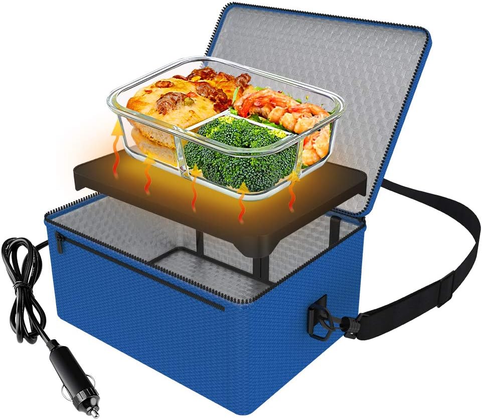 Portable Oven, 12V Car Food Warmer Portable Personal Mini Oven Electric Heated Lunch Box for Meals Reheating & Raw Food Cooking for Road Trip/Camping/Picnic/Family Gathering(Blue)