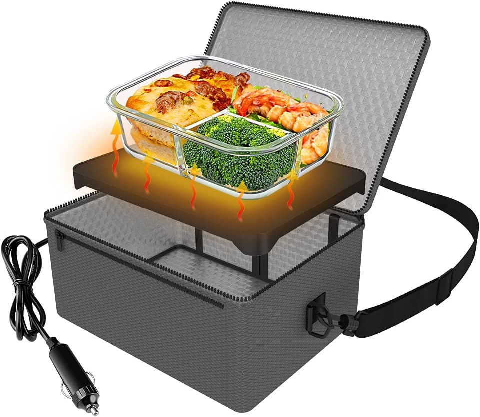 Portable Oven, 12V Car Food Warmer Portable Personal Mini Oven Electric Heated Lunch Box for Meals Reheating & Raw Food Cooking for Road Trip/Camping/Picnic/Family Gathering(Gray)