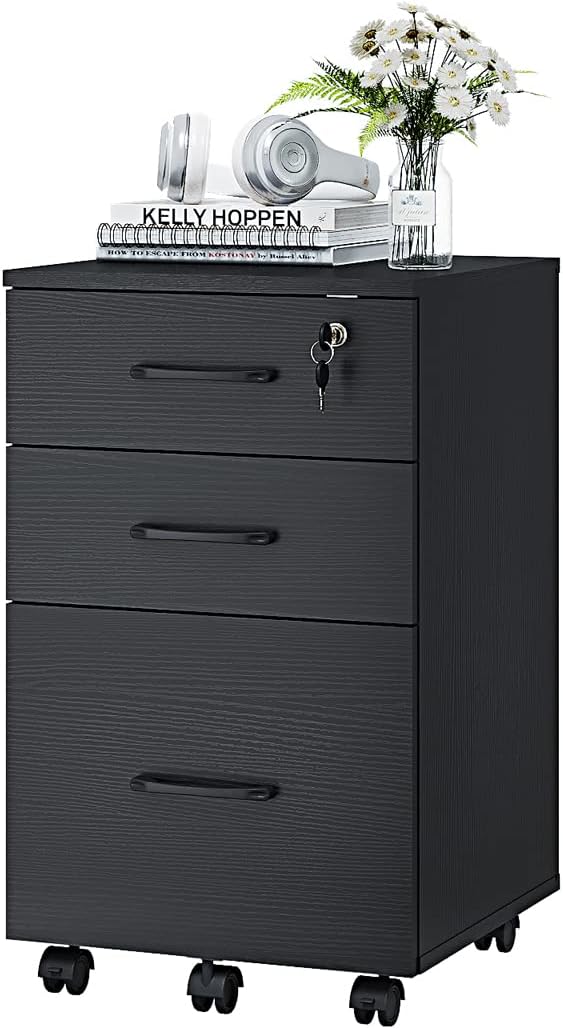 Panana 3 Drawer Wood Mobile File Cabinet, Under Desk Storage Drawers Small File Cabinet for Home Office (Black)