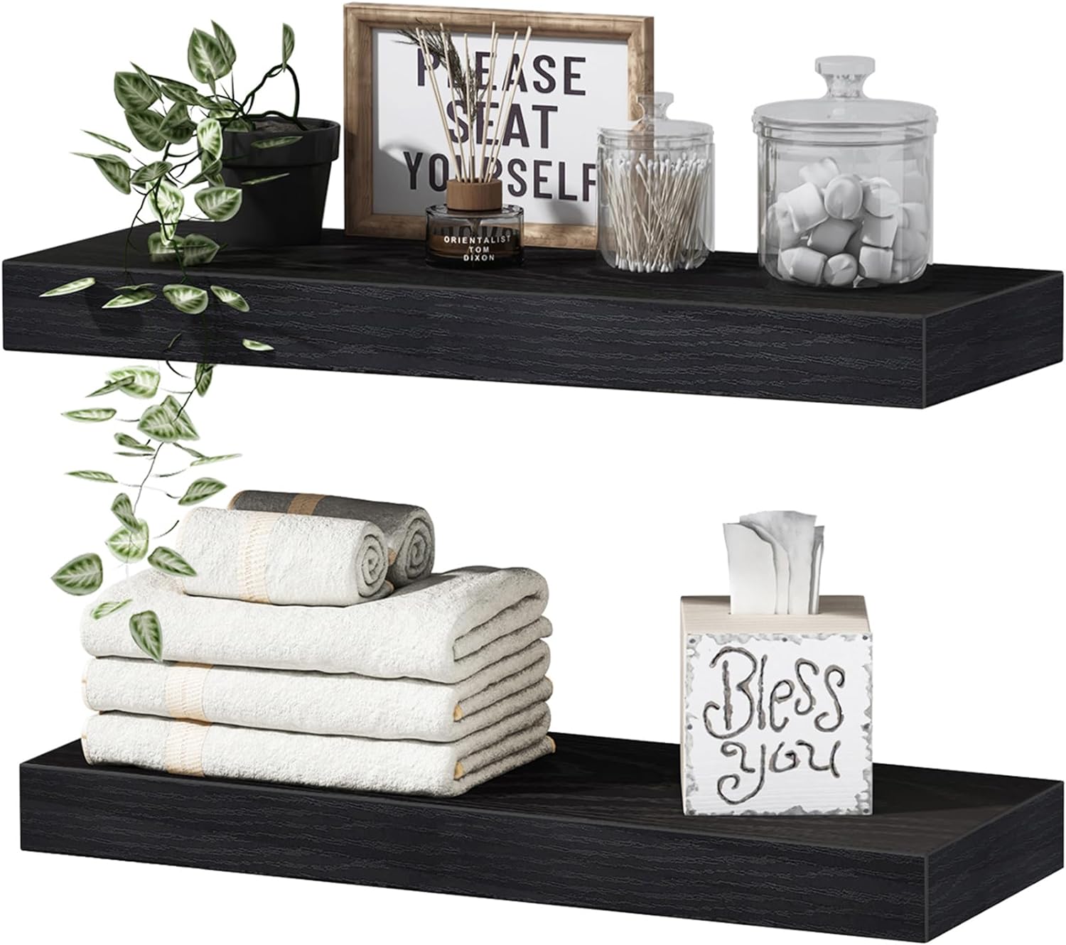 QEEIG Black Bathroom Shelves Floating Shelves for Wall Shelf Over Toilet Small Wall Mounted Modern Farmhouse 16 inch Set of 2 (008-40B)