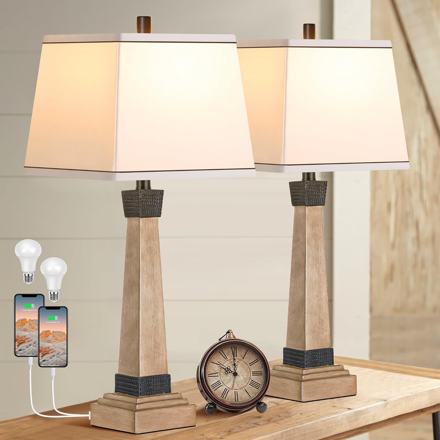 Farmhouse Table Lamps Set of 2, Faux Wood Resin Finish Bedside Lamps with 2 USB Ports, 27 Rustic Nightstand Lamp with 3 Color Temperature LED Bulbs & White Shade for Living Room, Bedroom