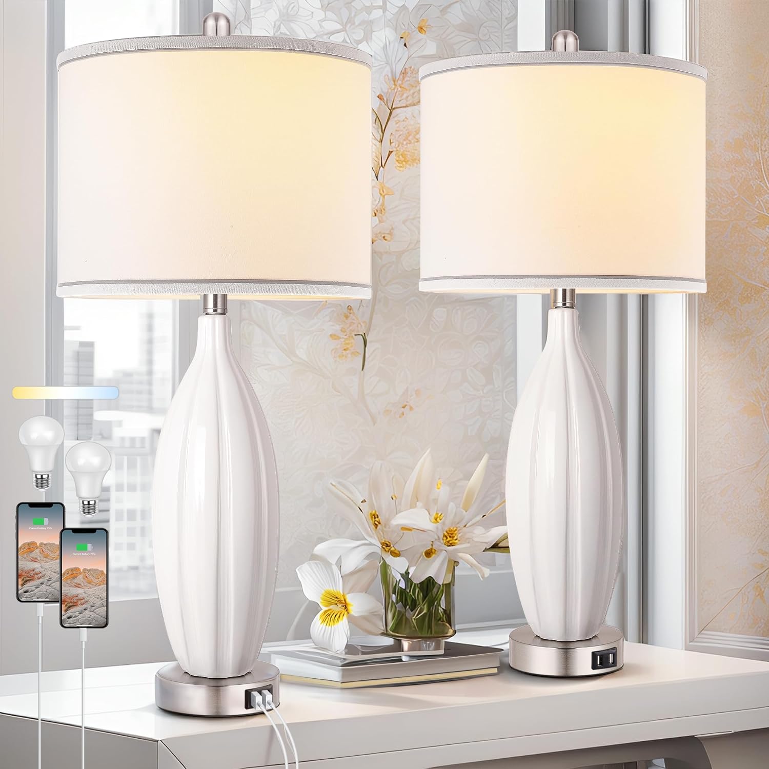 27.5 Ceramic Table Lamp Set of 2 with USB Ports, 3-Color Temperature Tall Table Lamp with White Fabric Lampshade, Nightstand Modern Table Lamps for Living Room Bedroom (LED Bulbs Included)