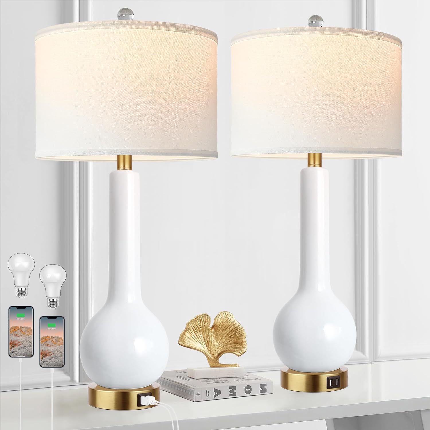 Ceramic Table Lamp Set of 2 with USB Ports, 3-Color Temperature Tall Table Lamp with White Fabric Lampshade, Nightstand Modern Table Lamps for Living Room Bedroom (LED Bulbs Included)