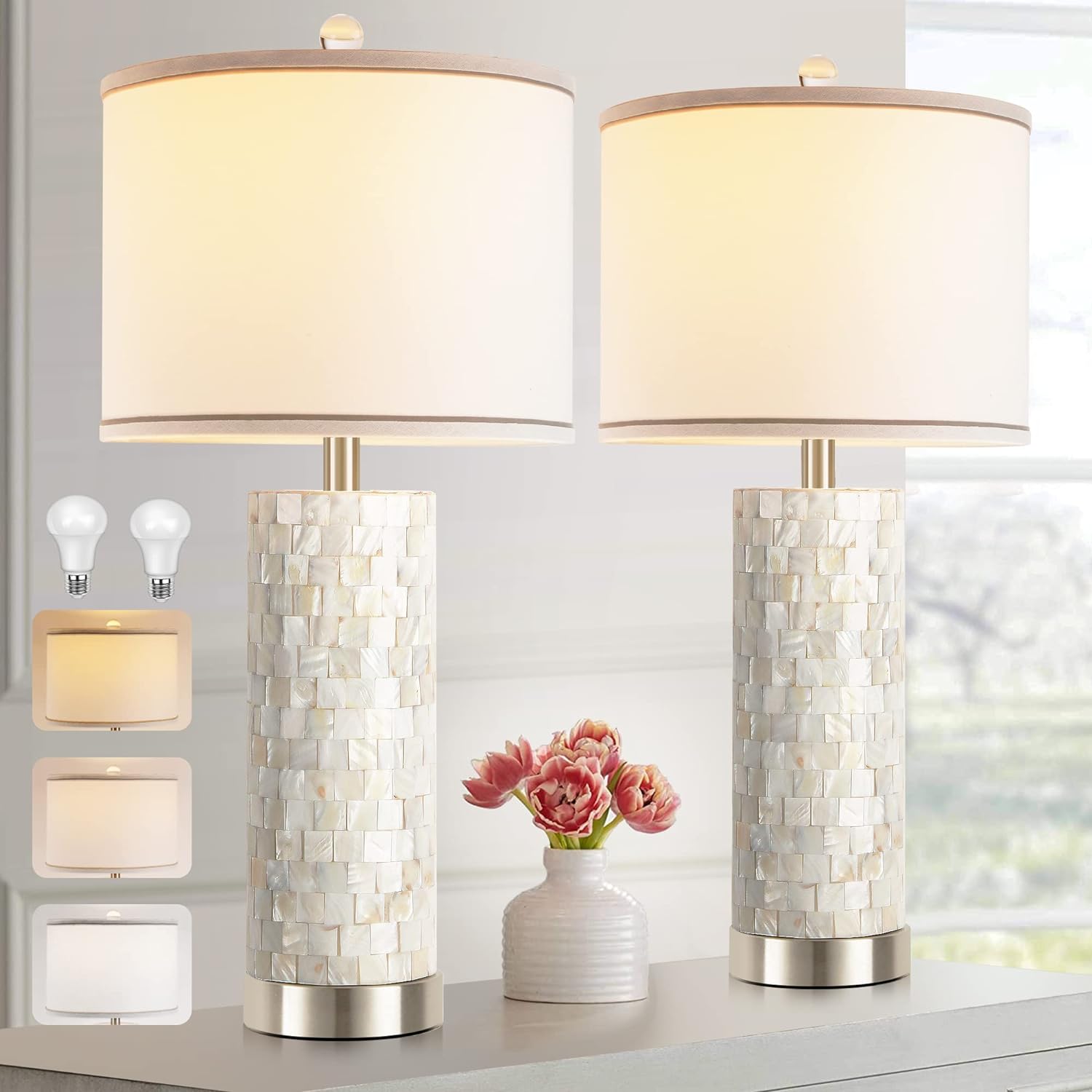 Seashell Table Lamps for Living Room Set of 2, Modern Coastal Bedside Lamps Shell Pearl Tiles 26 inch Nightstand Lamp for Bedroom Home Decor (2700K/4000K/5000K 3 Color Temperature LED Bulbs Included)