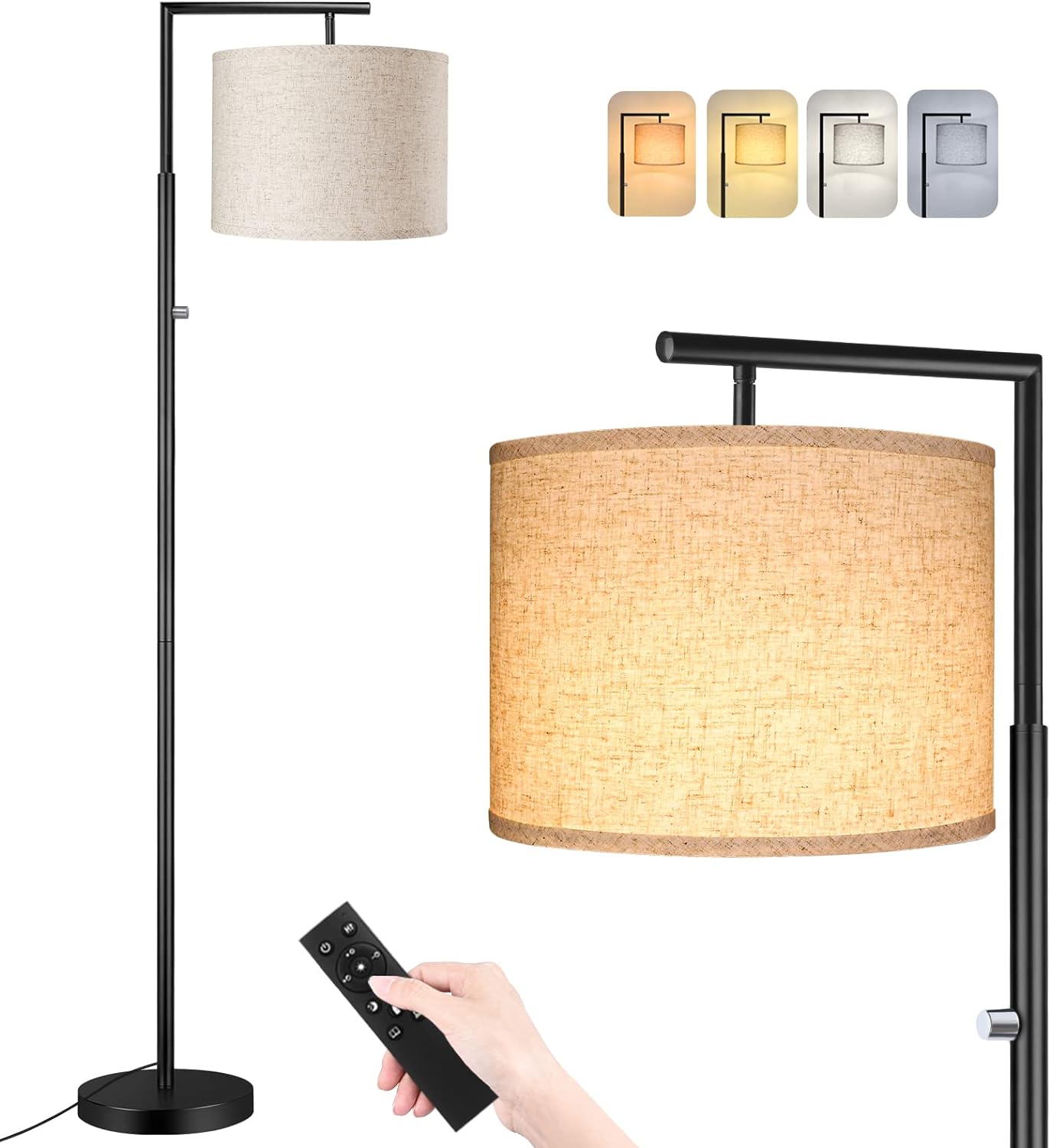 Dimmable Tall Pole Floor Lamp, 4-Color Temperature Modern Standing Lamp with Remote Control & Beige Shade, For Living Room, Bedroom, Study Room, Office (LED Bulb Included) - Black