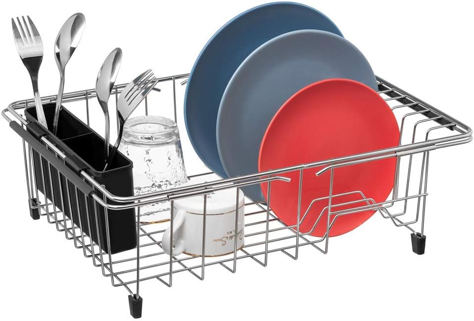 SANNO Large Expandable Dish Drying Rack, Large Dish Rack Adjustable Deep Dish Drainer with Removable Silverware Holder, Deep Large Dish Rack in Sink On Counter,Dish Drainers Stainless Steel